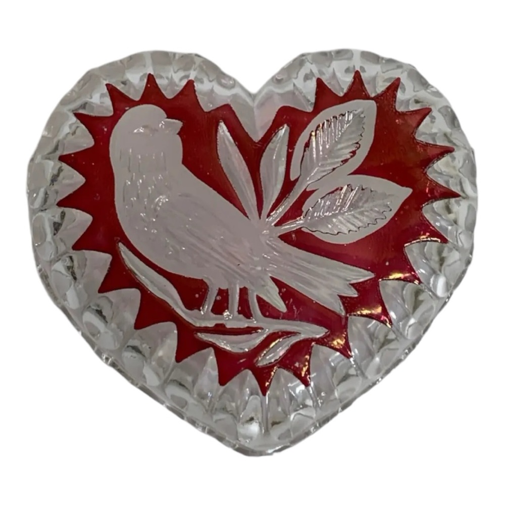 Hofbauer Byrd Red Clear Heart Crystal German Dish Embossed Trinket Jewelry Candy